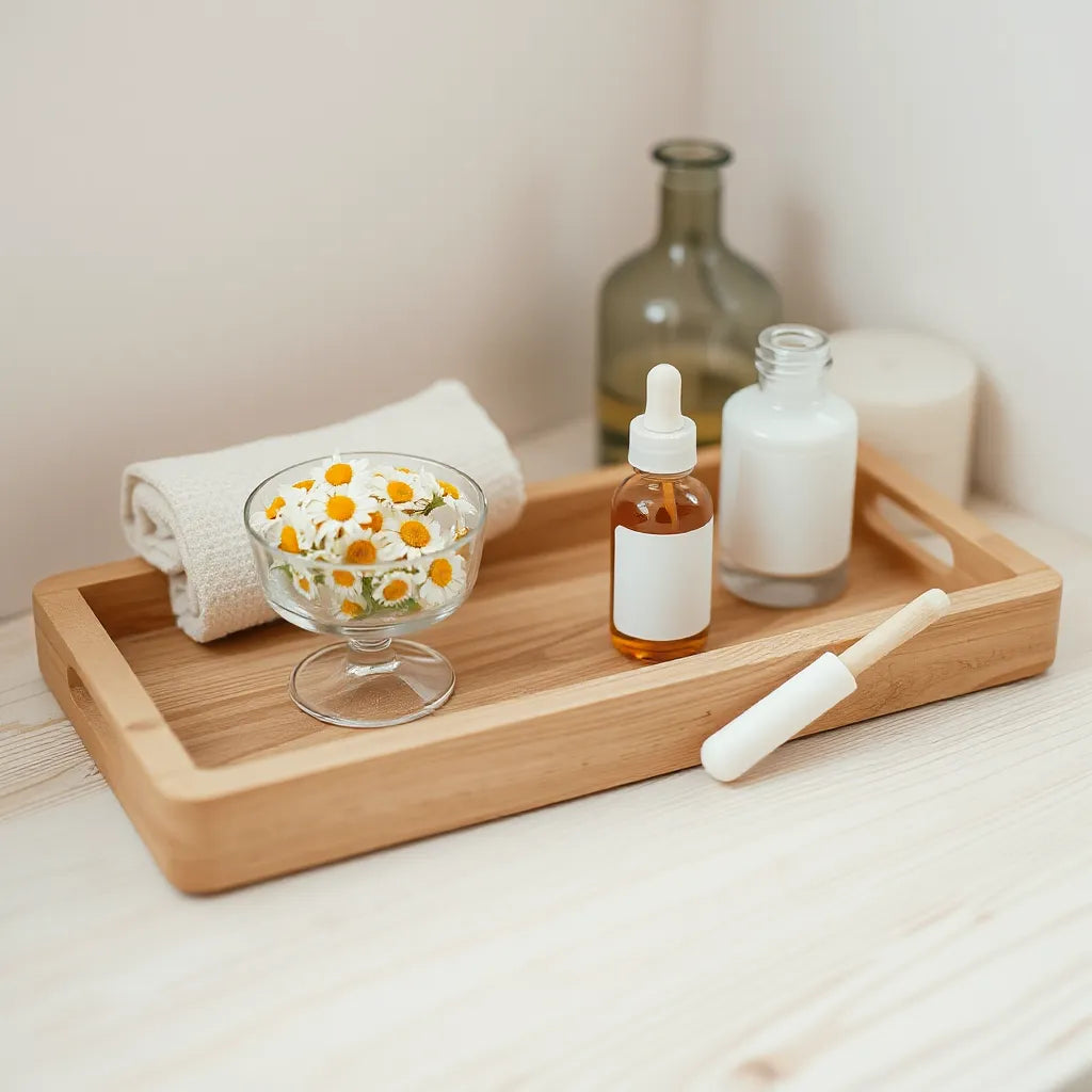 Naturlige hudplejeingredienser og milde skincare-produkter på et minimalistisk badeværelsesbord