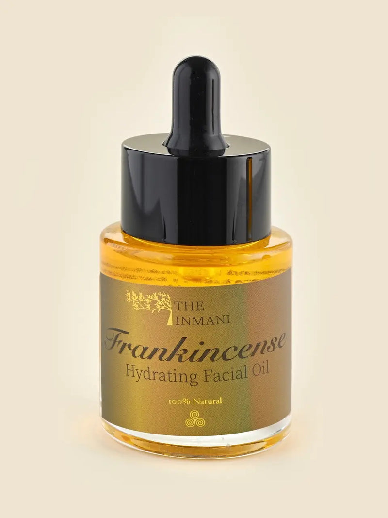 THE INMANI Frankincense Ansigtsolie i glasflaske. En molekylærbiologisk formuleret anti-aging olie til moden, tør og dehydreret hud.