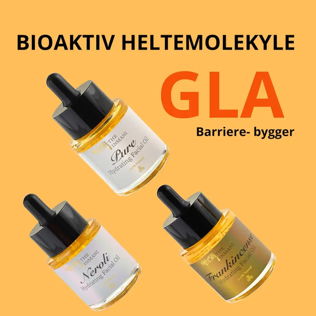 Grafik af det bioaktive heltemolekyle GLA (Gamma-linolensyre). En essentiel fedtsyre og barrierebygger, der dæmper inflammation i sensitiv hud.