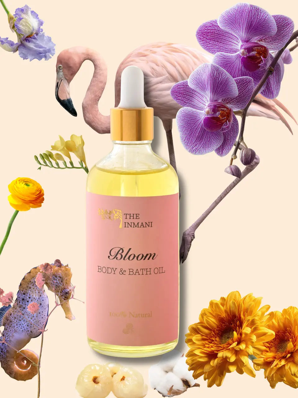 Gylden og nærende Bloom Kropsolie med æteriske olier fra jasmin og grapefrugt, ideel til daglig kropspleje eller som beroligende badeolie.