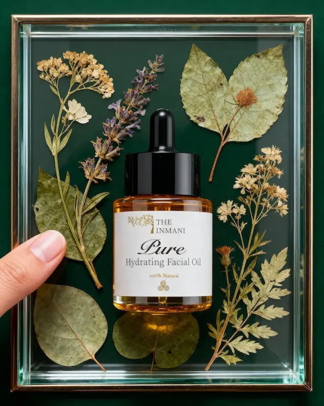 THE INMANIs hudplejefilosofi bygger på hudens egen biologi, barrierebeskyttelse og en naturlig lipidbalance. Her vist med vores rene, bioaktive ansigtsolie.