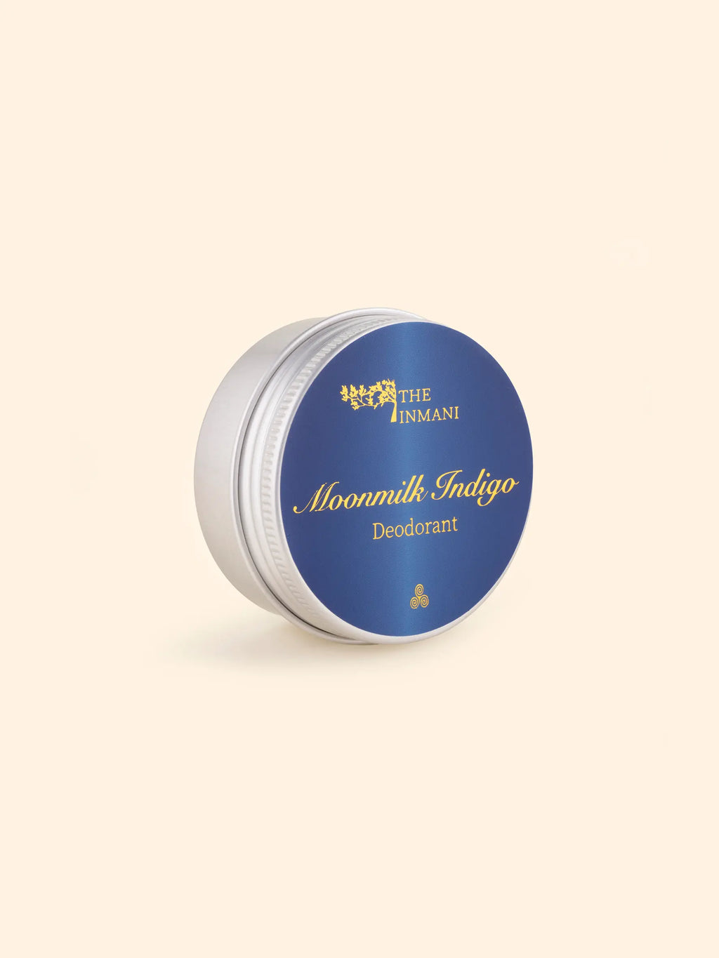THE INMANI Moonmilk Indigo Creme Deodorant i plastfri dåse. En naturlig deodorant med mineralsk lugtkontrol og en blød, floral duft af jasmin og sandeltræ.