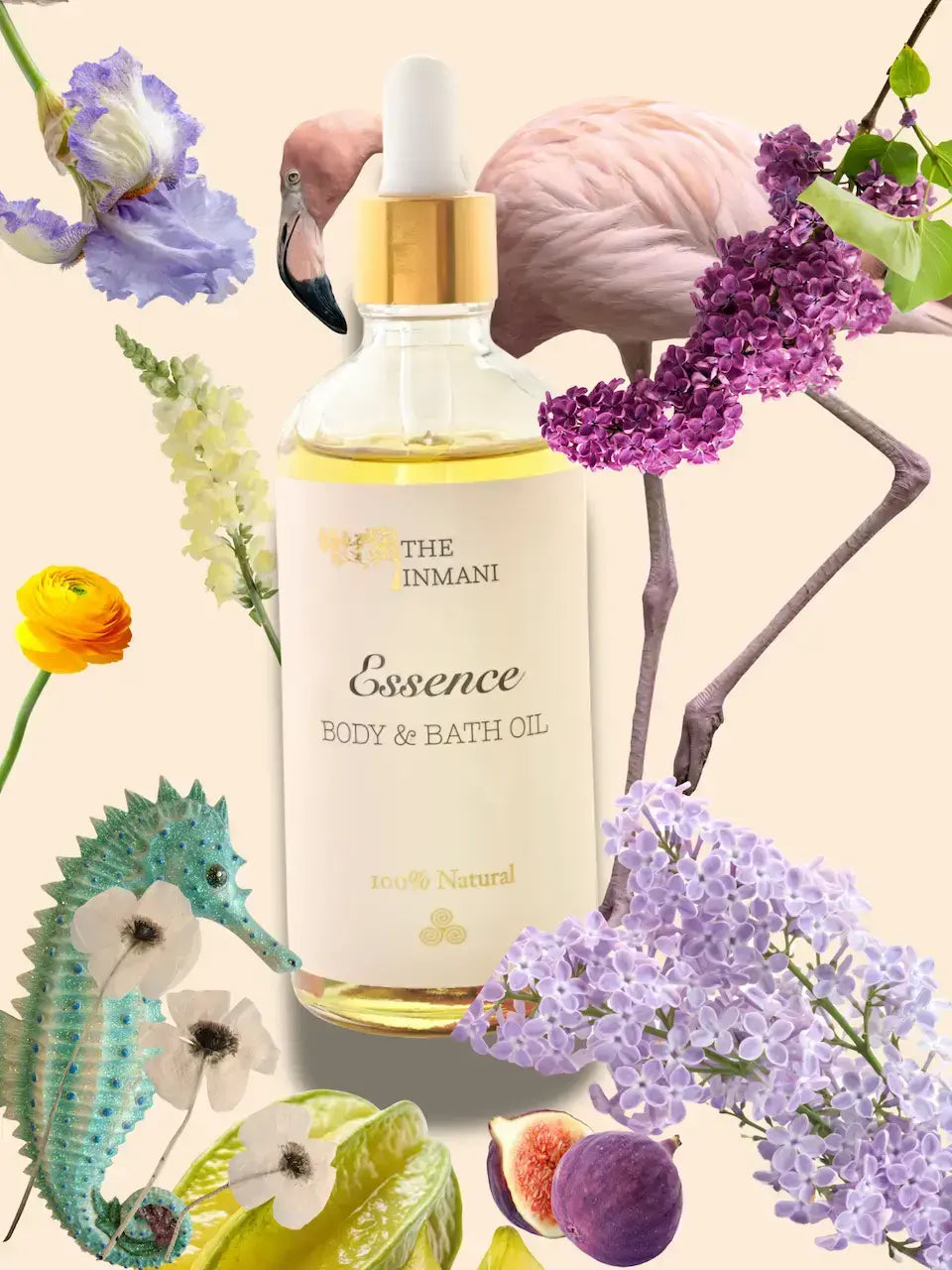 ESSENCE Kropsolie vist som en del af et naturligt kropsplejesæt. Viser rene, plantebaserede olier designet til at forbedre hudens struktur.