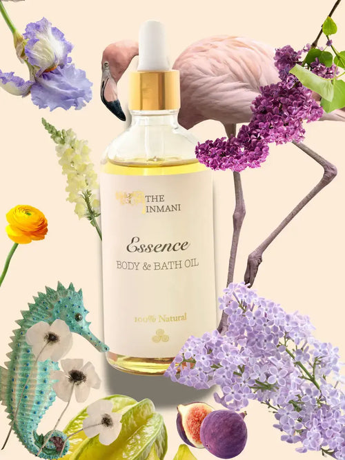 ESSENCE Kropsolie vist som en del af et naturligt kropsplejesæt. Viser rene, plantebaserede olier designet til at forbedre hudens struktur.