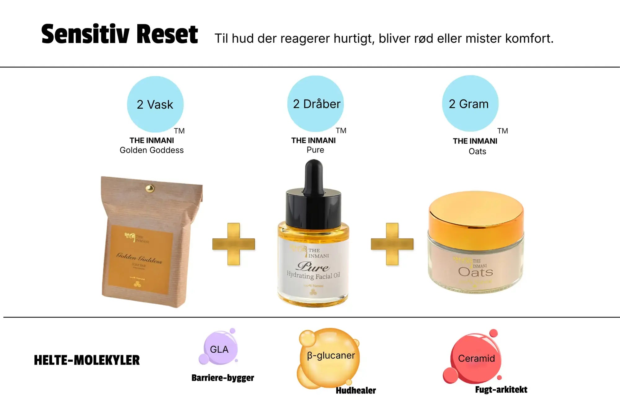 THE INMANI Sensitiv Reset hudplejerutine til reaktiv hud og rødme. En beroligende barrierepleje med Golden Goddess rens, Pure ansigtsolie og Oats ansigtsmaske, formuleret med hudhelende beta-glucaner, ceramider og GLA.